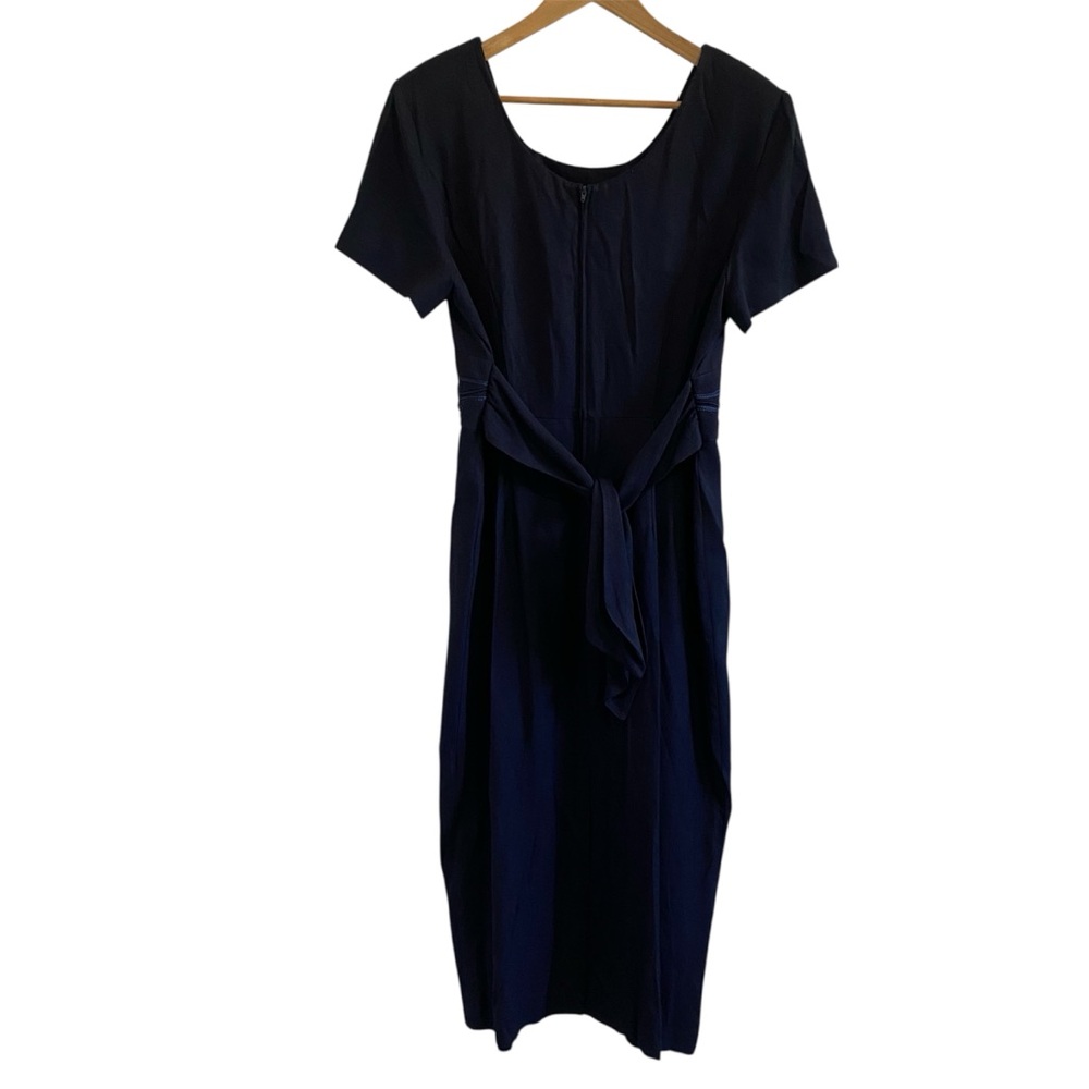 John Roberts Women's Vintage Dress Size 14 Navy Blue Embroidered-detail Waist - Picture 4 of 9